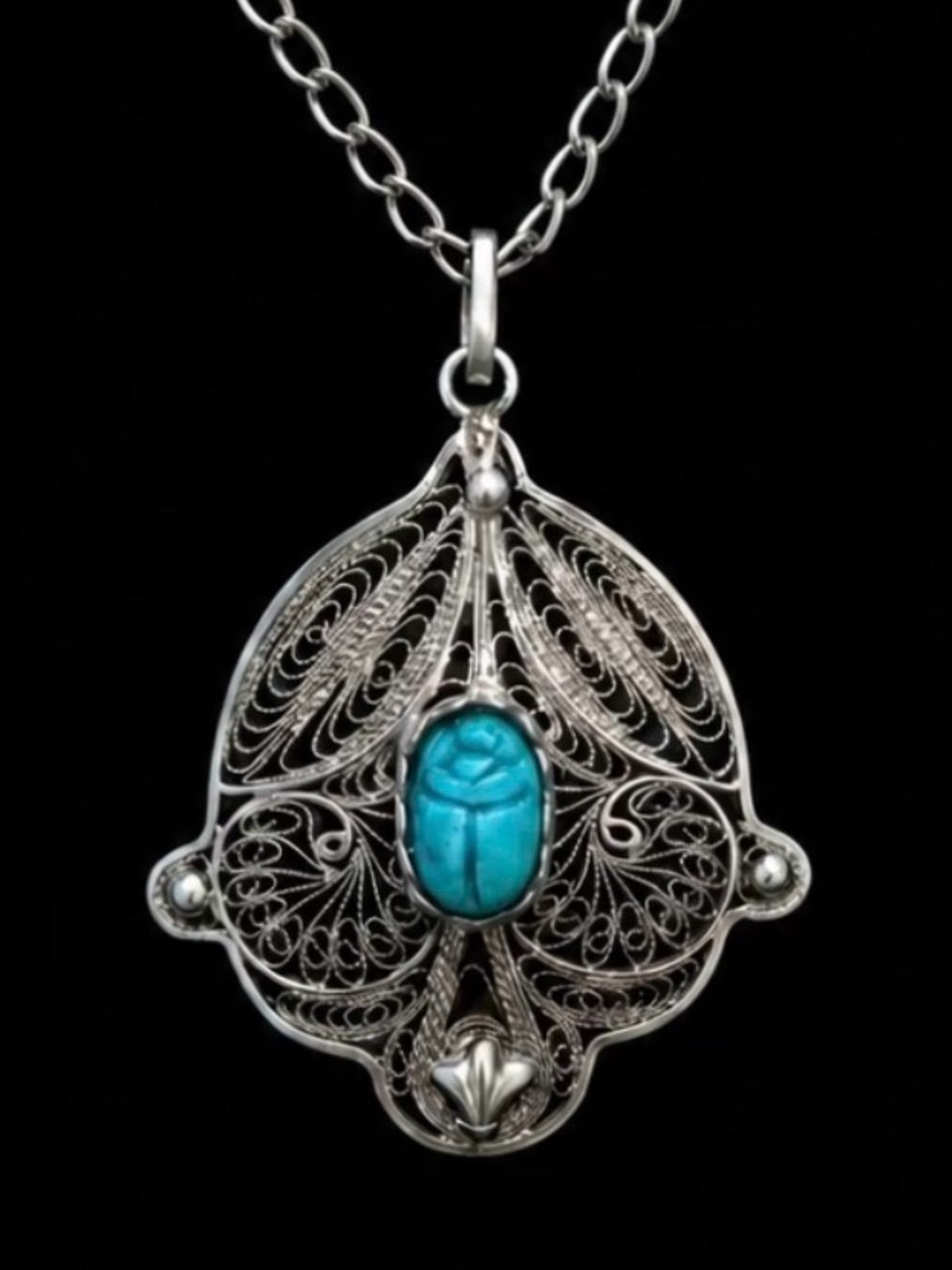 “Turquoise Scarab Beetle” Lacey Elaborate Ancient Egyptian Carved Totem Necklace